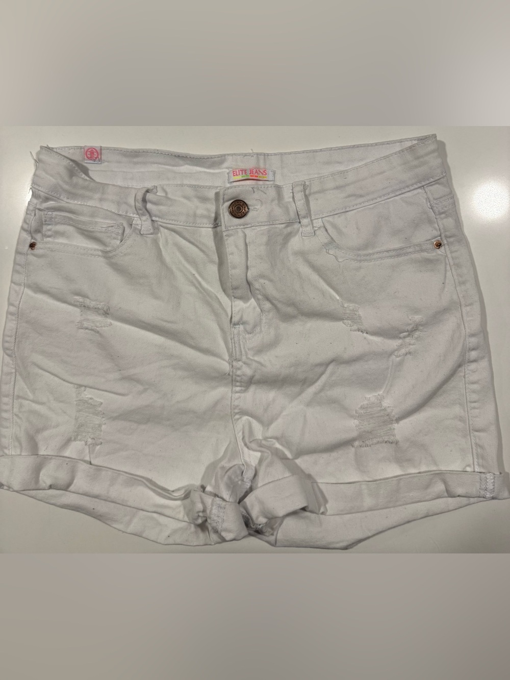 Elite Jeans White Distressed Roll-Hem Denim Shorts